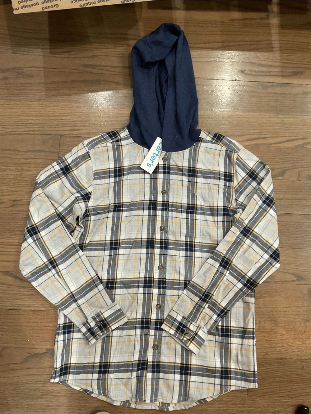 Carter's Boys Navy Blue Plaid Hooded Button-Up Shirt Size 14 NWT